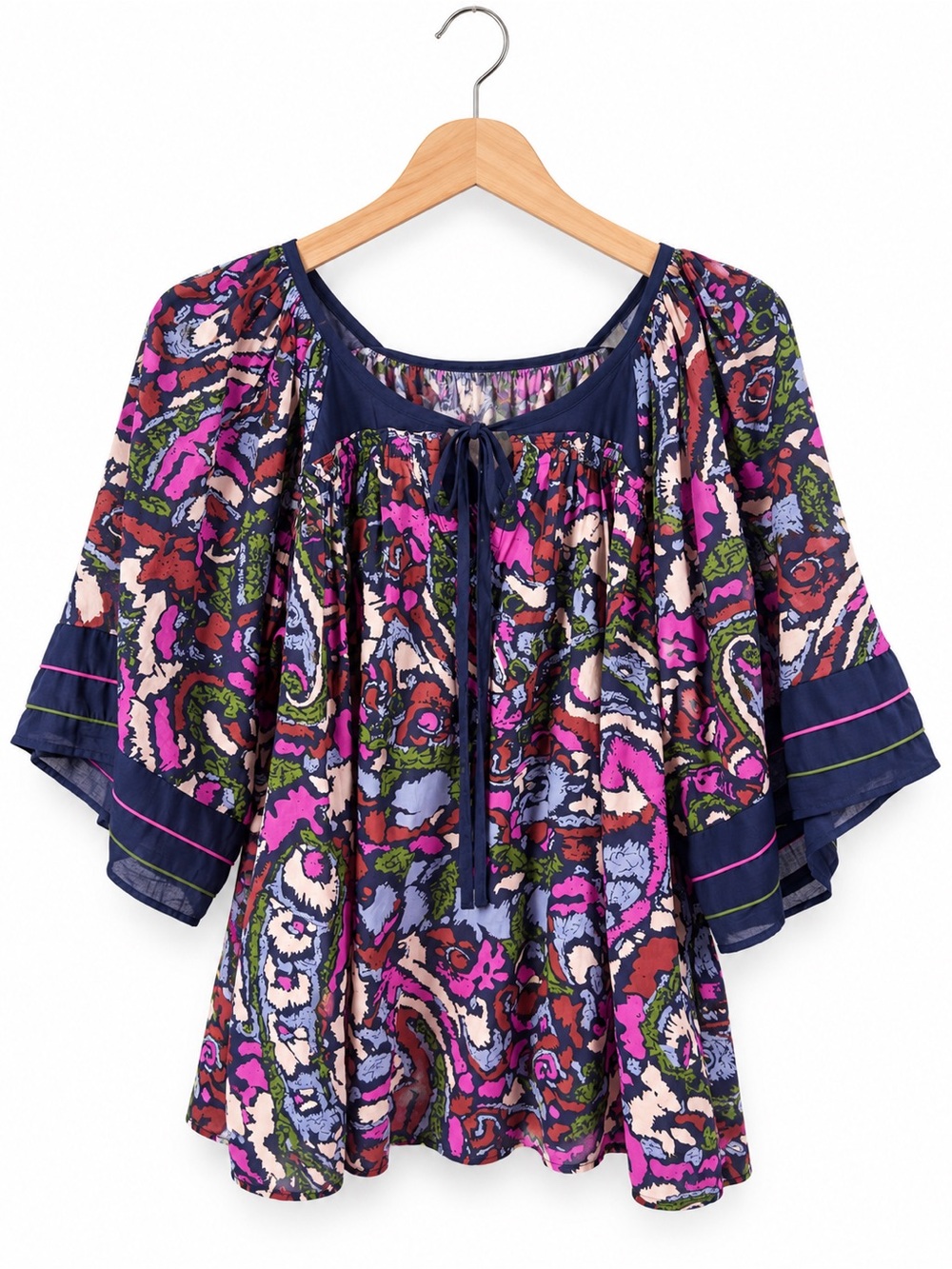 Cleobella Navy Multicolor Floral Peasant Blouse Medium Boho Bell Sleeve Top
